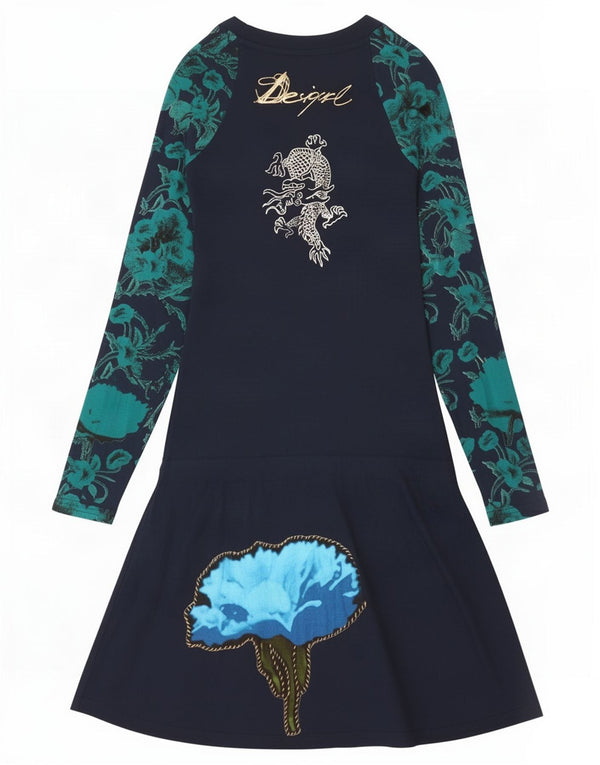 Vestido feminino Desigual estampado manga comprida evasê UK 4 XS azul marinho floral