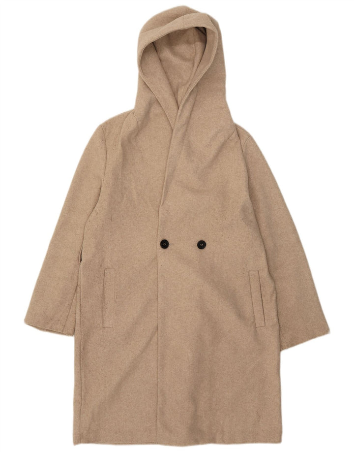 Sobretudo feminino Zara com capuz UK 14 poliéster bege médio