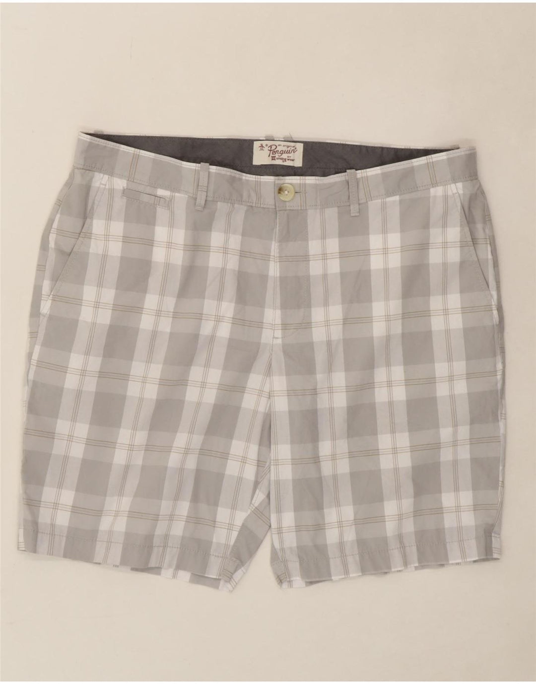 PENGUIN Mens Chino Shorts W38 XL Grey Check Cotton Vintage Penguin and Second-Hand Penguin from Messina Hembry 