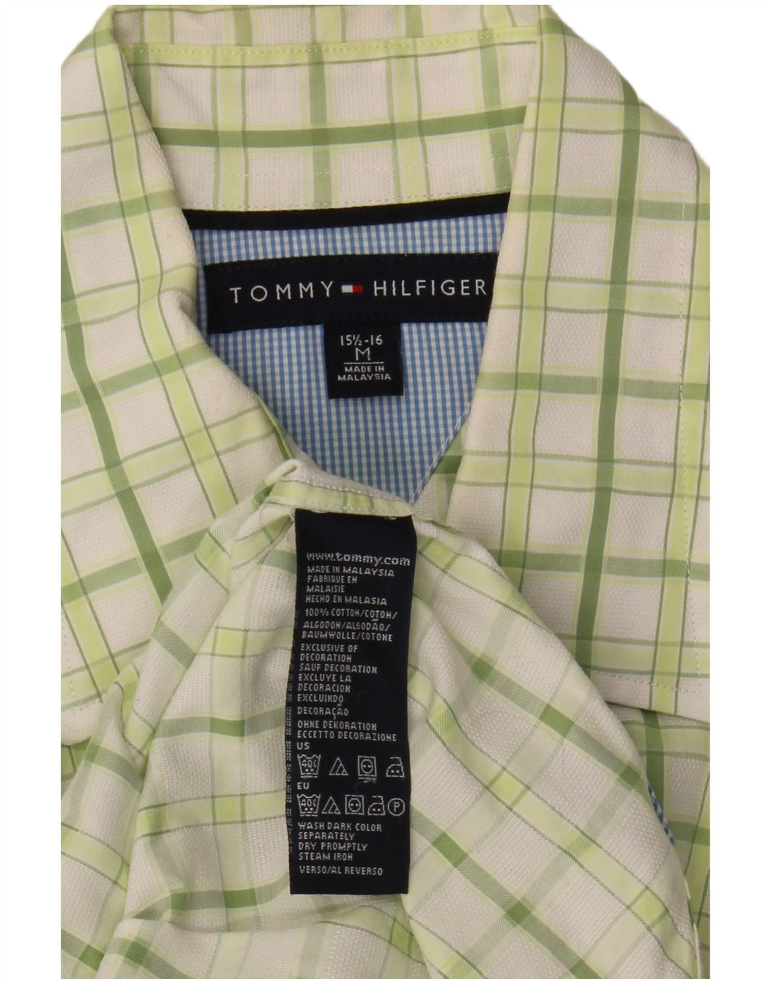 Camisa masculina Tommy Hilfiger tamanho 15 1/2 16 algodão xadrez verde médio