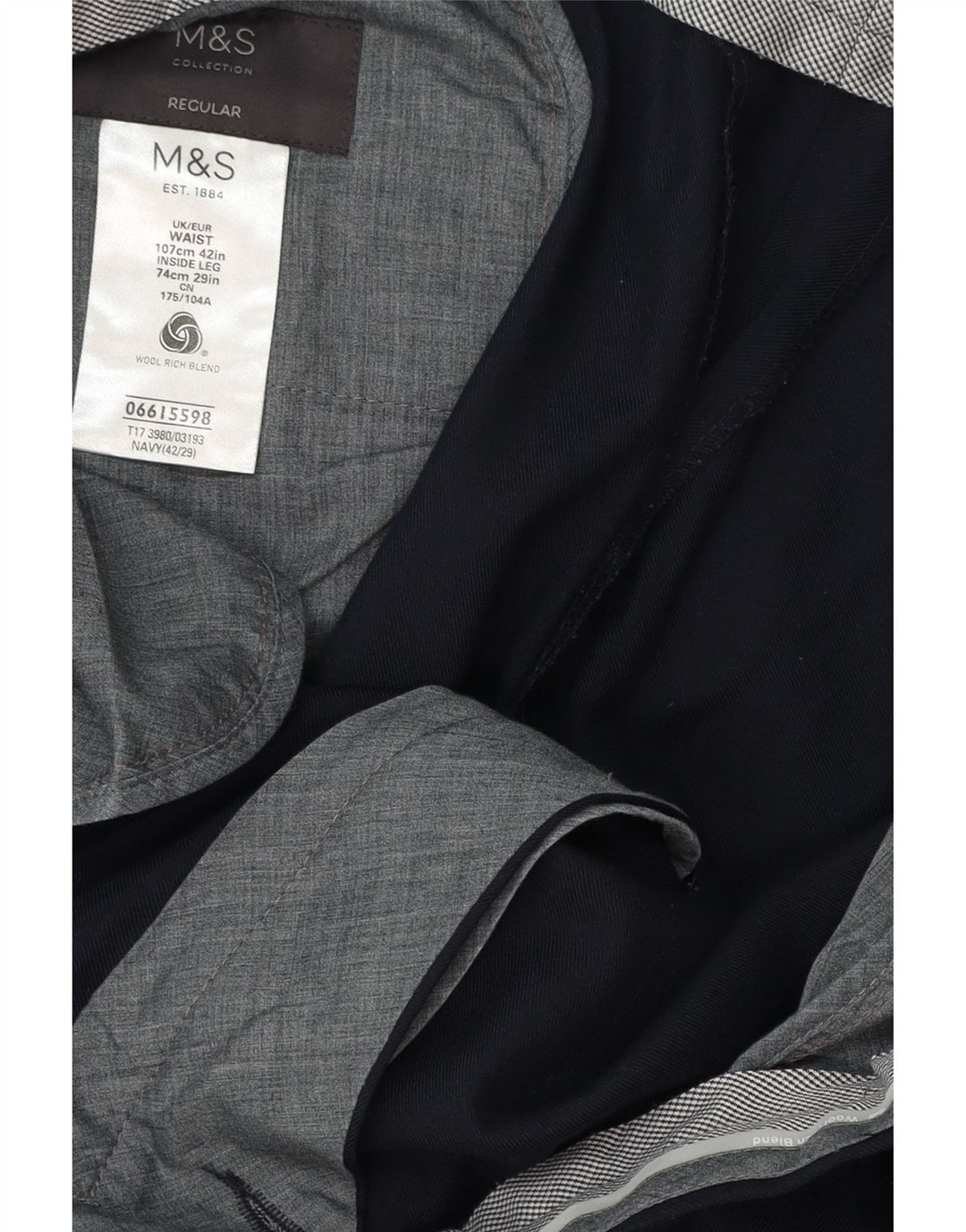 Calça masculina de ajuste regular MARKS & SPENCER W42 L29 lã azul marinho