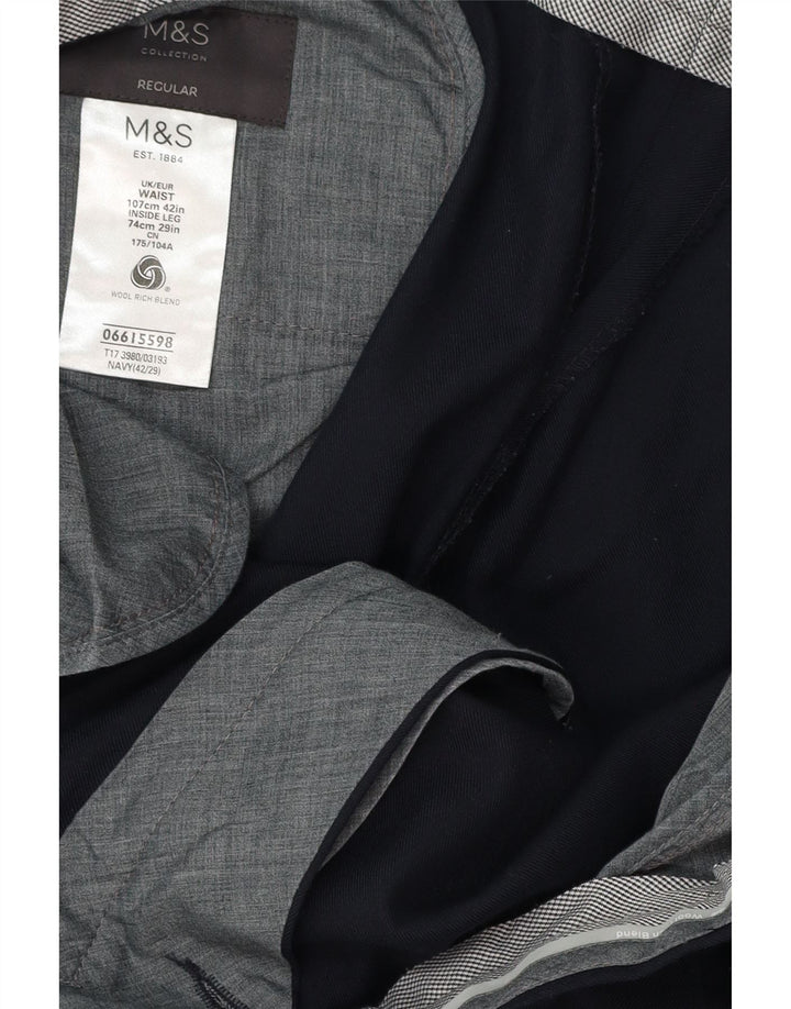 Calça masculina de ajuste regular MARKS & SPENCER W42 L29 lã azul marinho