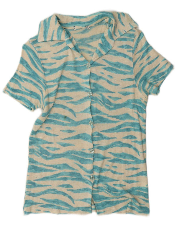 Vintage Womens Short Sleeve Shirt UK 14 Medium Blue Animal Print Viscose