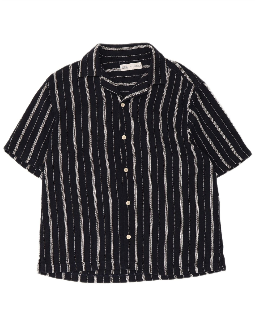 Zara Camisa masculina de manga curta médio azul marinho listrado algodão
