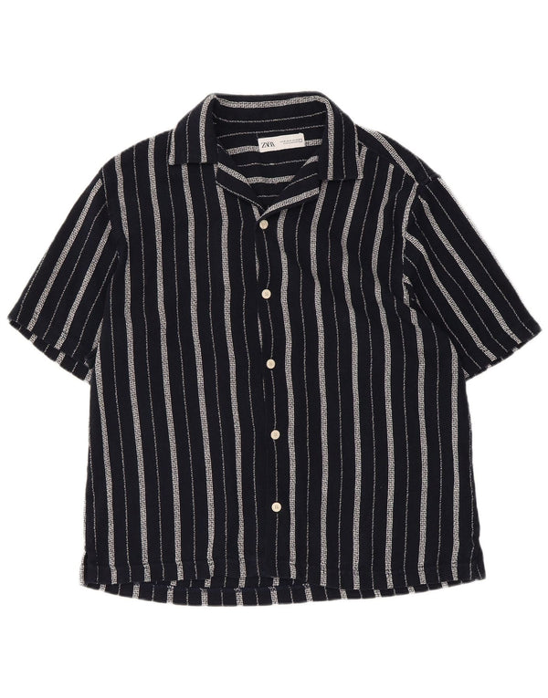 Zara Mens Short Sleeve Shirt Medium Navy Blue Striped Cotton