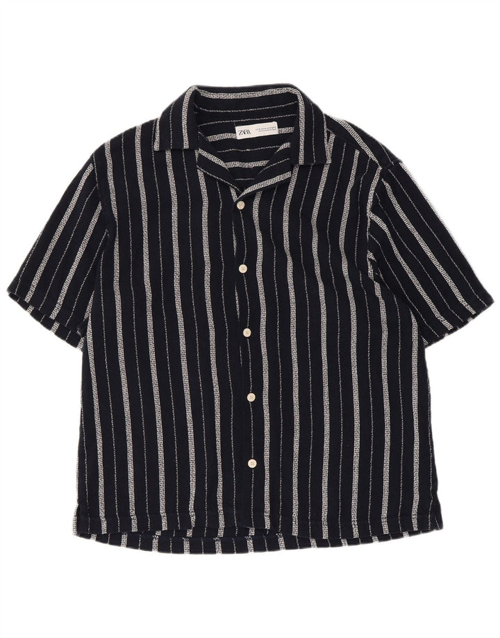 Zara Camisa masculina de manga curta médio azul marinho listrado algodão