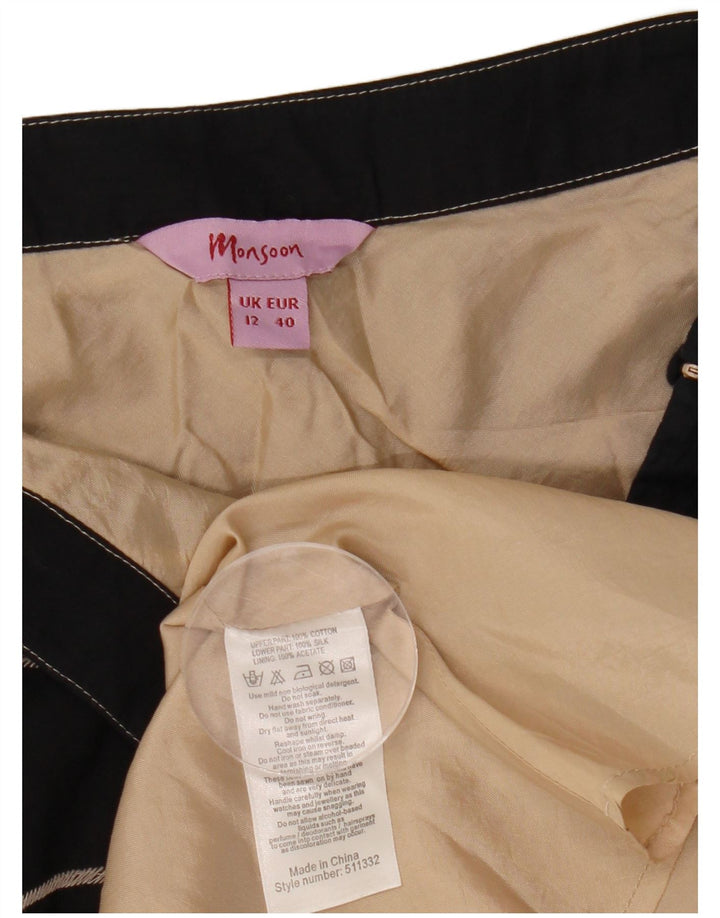 MONSOON Saia feminina evasê UK 12 médio W30 algodão floral preto