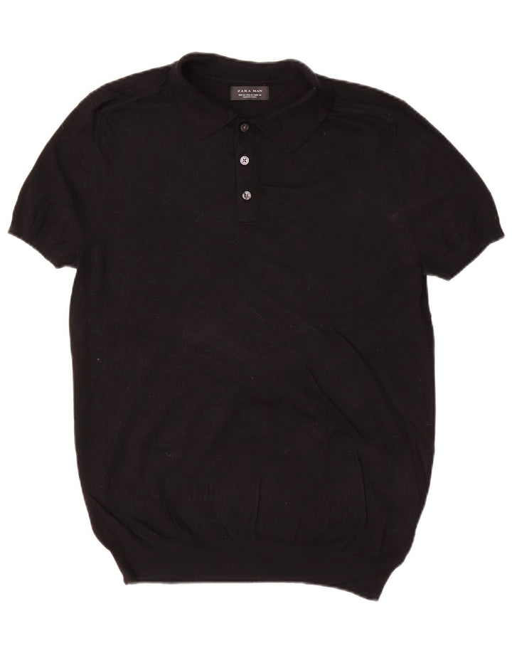 Zara Suéter masculino de manga curta com gola polo e viscose preta média