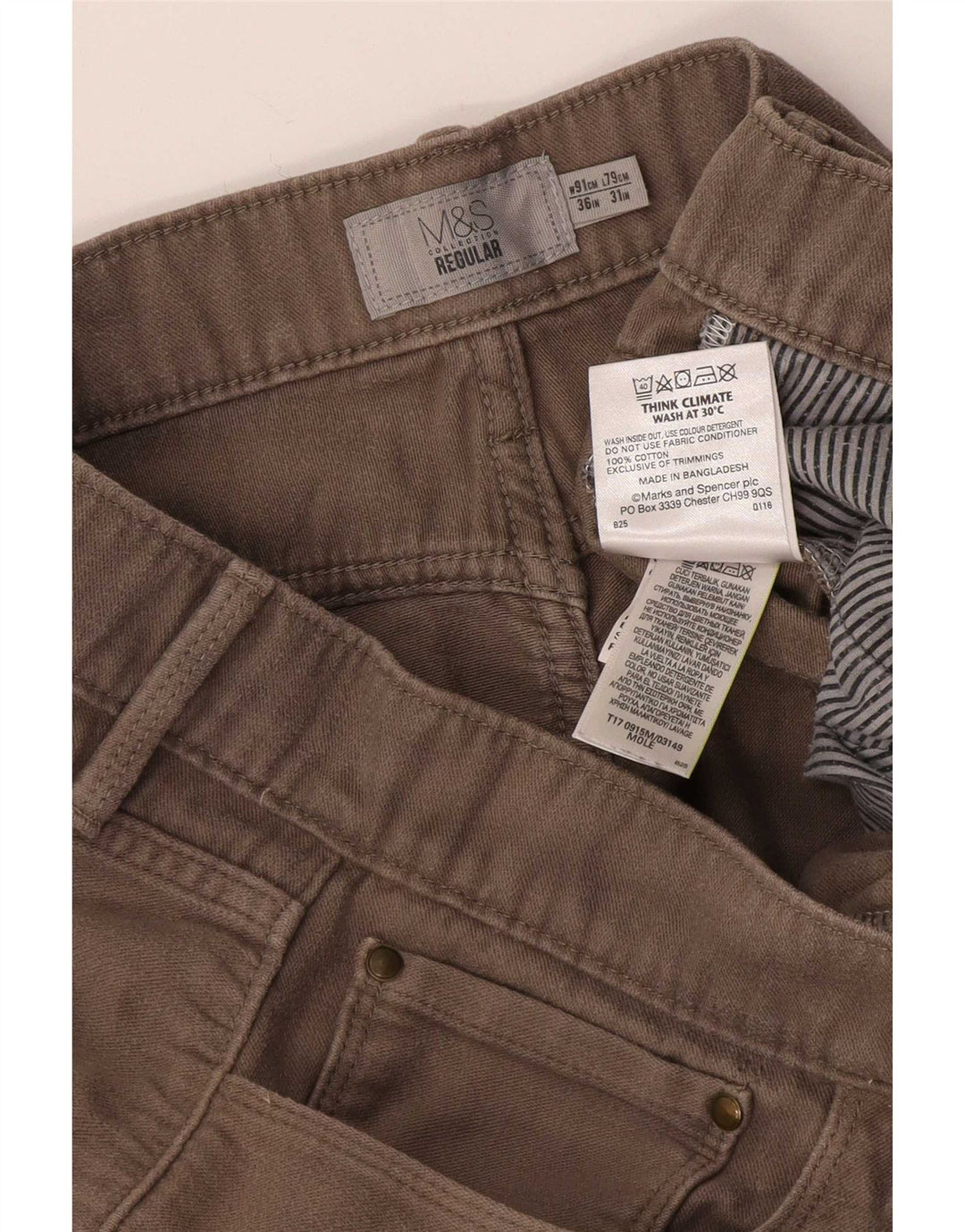 Calça casual masculina Marks & Spencer regular W36 L31 algodão bege