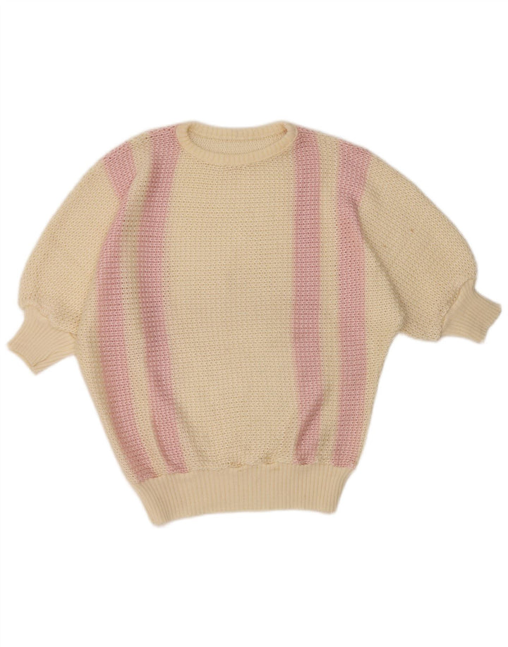 Suéter feminino vintage com gola canoa Reino Unido 14 grande listrado branco