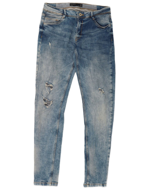 Zara Jeans skinny feminino com lavagem ácida e desgastada UE 38 pequeno W28 L28 azul