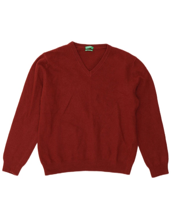 Suéter feminino Benetton com decote em V 13-14 anos grande lã virgem vinho