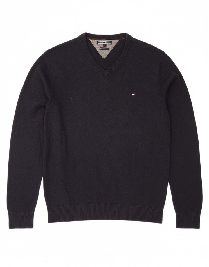 Suéter masculino TOMMY HILFIGER com decote em V grande algodão azul marinho