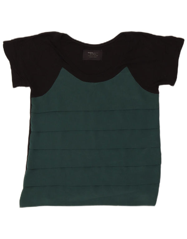 Camiseta feminina ZARA UK 14 grande verde colorblock poliéster