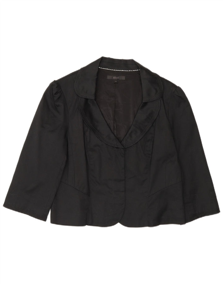 Jaqueta blazer feminina Coast manga 3/4 aberta Reino Unido 16 grande algodão preto