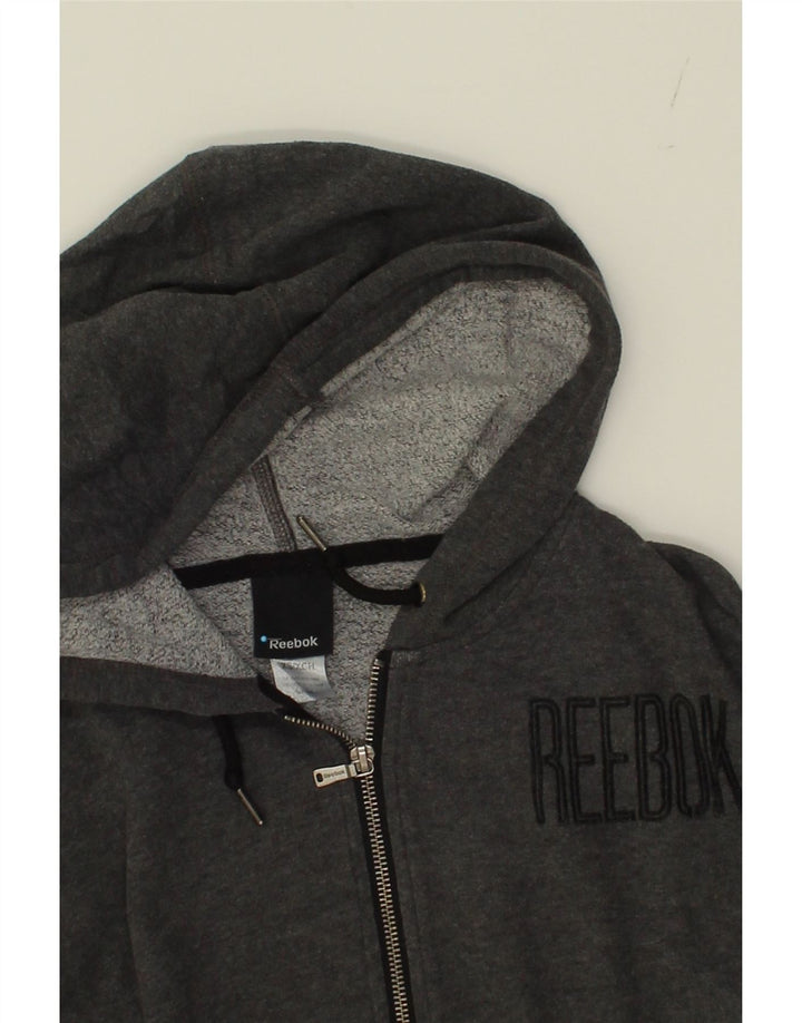 REEBOK Womens Graphic Zip Hoodie Sweater UK 6 XS Grey Cotton Vintage Reebok and Second-Hand Reebok from Messina Hembry 