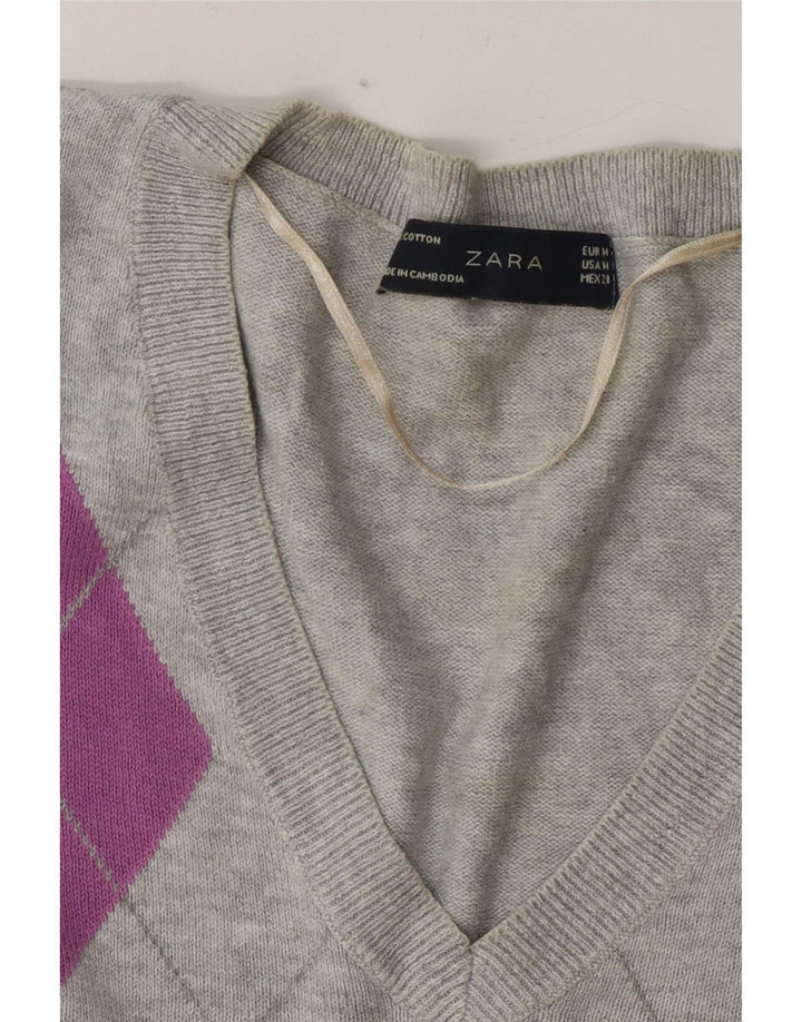 Suéter Zara feminino com decote em V Reino Unido 12 cinza médio Argyle/Diamante