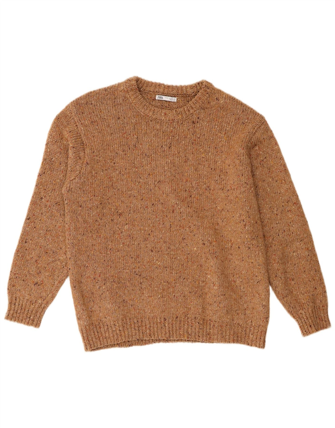 Suéter feminino Zara com gola redonda, Reino Unido 14, poliéster manchado marrom médio