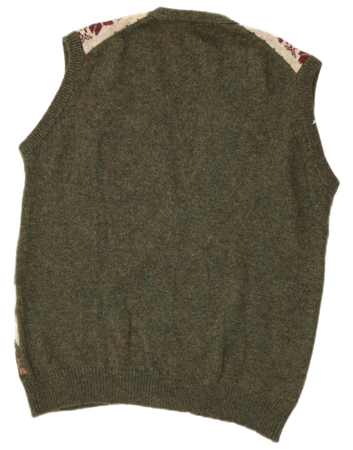 GREEN LEAVES Suéter cardigã masculino sem mangas XL Green Fair Isle Wool