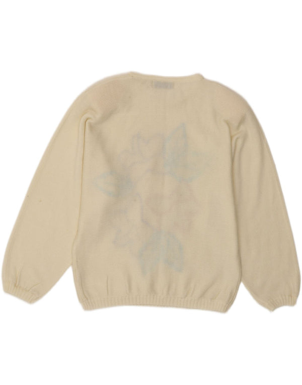 Suéter feminino vintage com gola redonda, tamanho único, acrílico floral branco