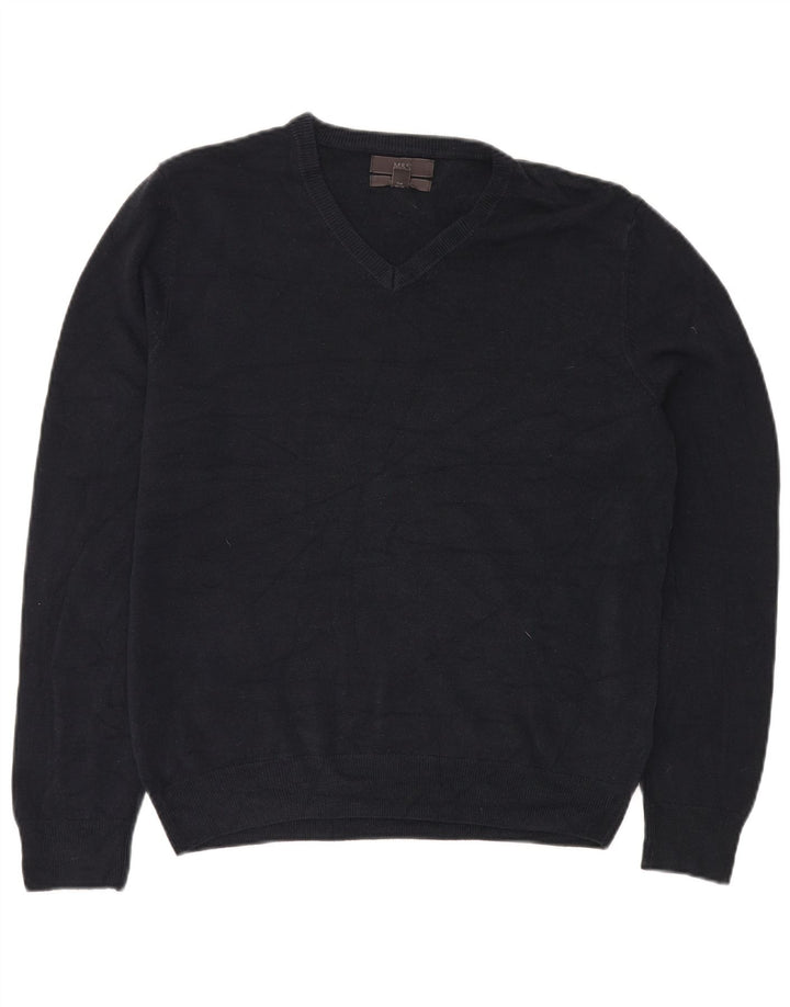 MARKS & SPENCER Suéter masculino com decote em V grande acrílico azul marinho
