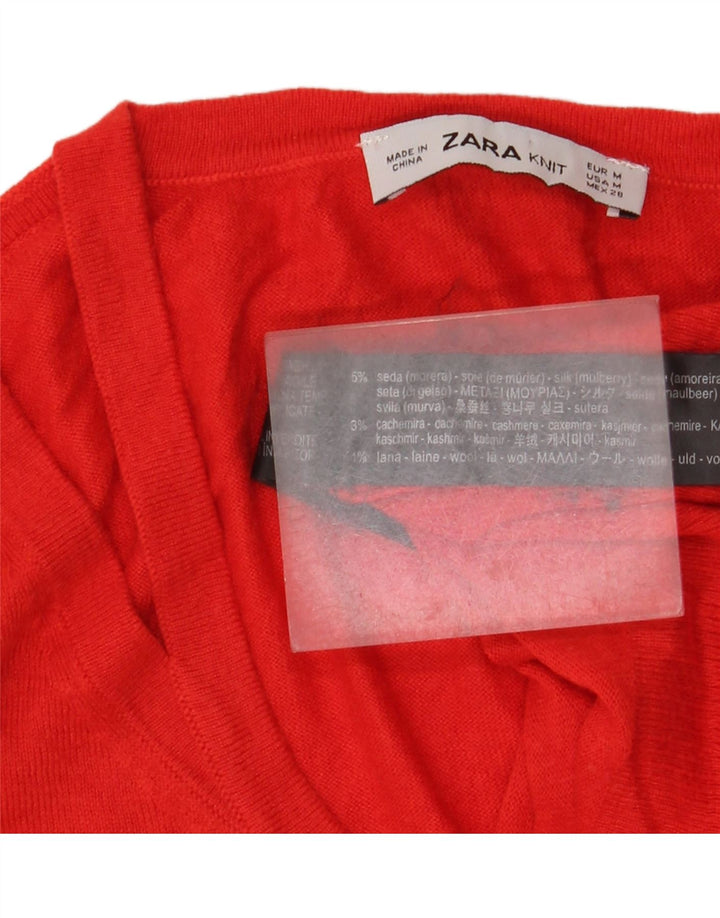 Suéter feminino Zara com decote em V e gola V Reino Unido 12 seda vermelha média