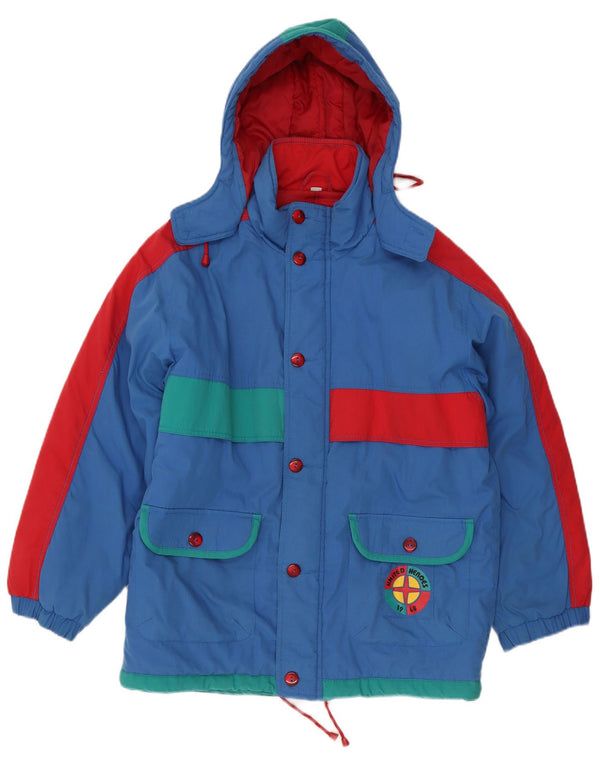 Jaqueta de esqui masculina vintage com capuz gráfico UK 40 grande bloco colorido azul