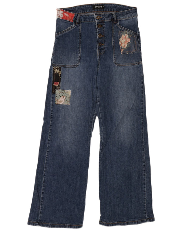 Desigual Calça Jeans Feminina Cintura Alta Perna Larga EU 30 XL W30 L29 Azul Patchwork