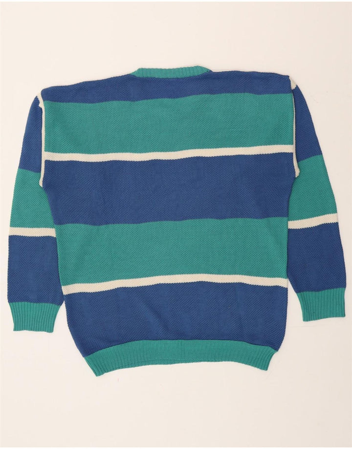 Suéter vintage masculino com gola redonda grande listrado azul