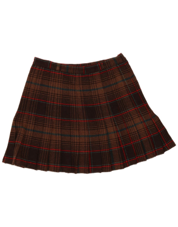 Mini saia plissada feminina vintage IT 40 pequena W26 lã xadrez marrom