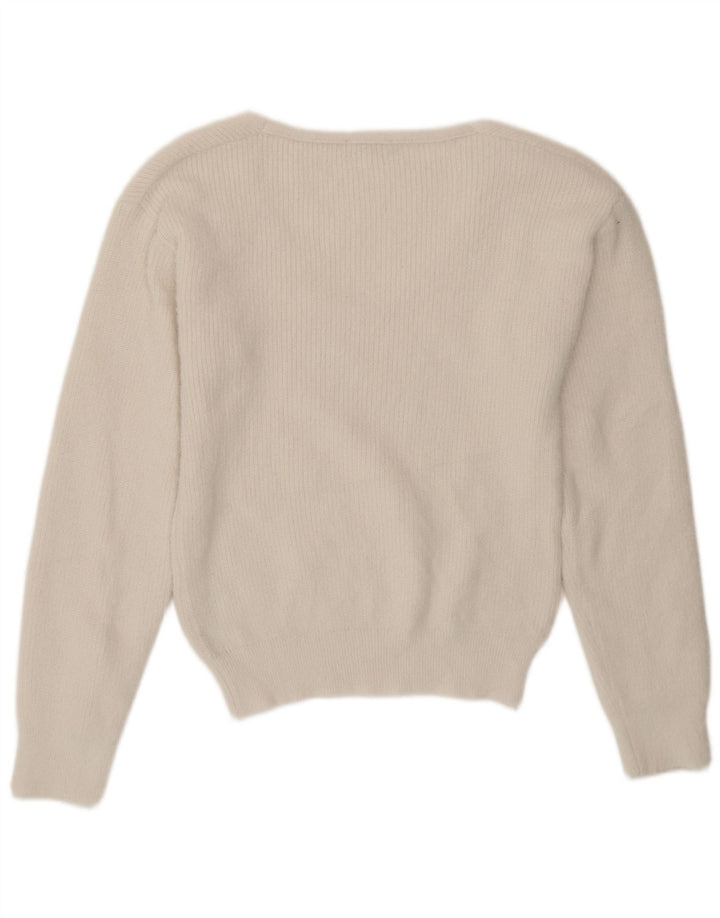 Suéter feminino Zara com decote em V UK 10 pequeno poliéster branco