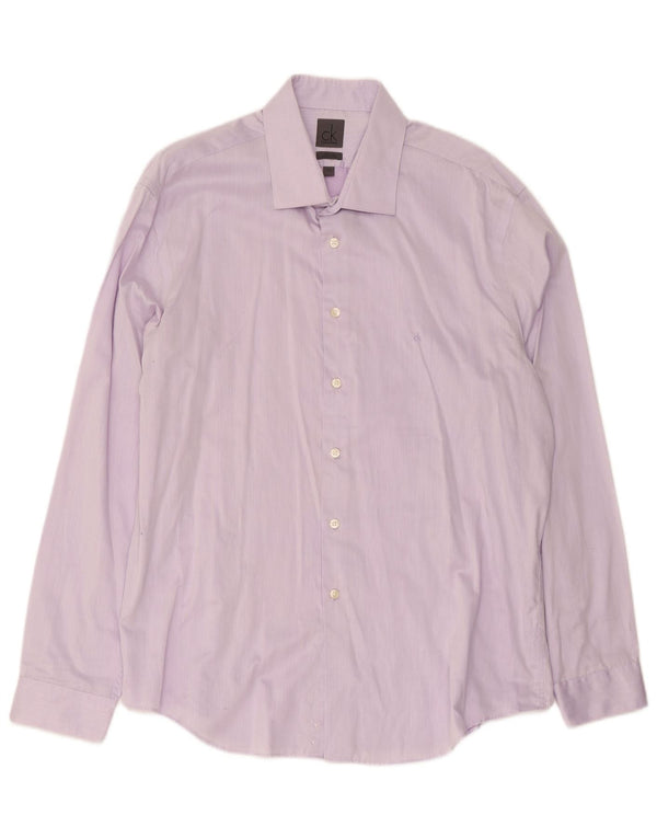 Camisa masculina Calvin Klein Slim Fit tamanho 44 17 1/2 XL algodão listrado roxo