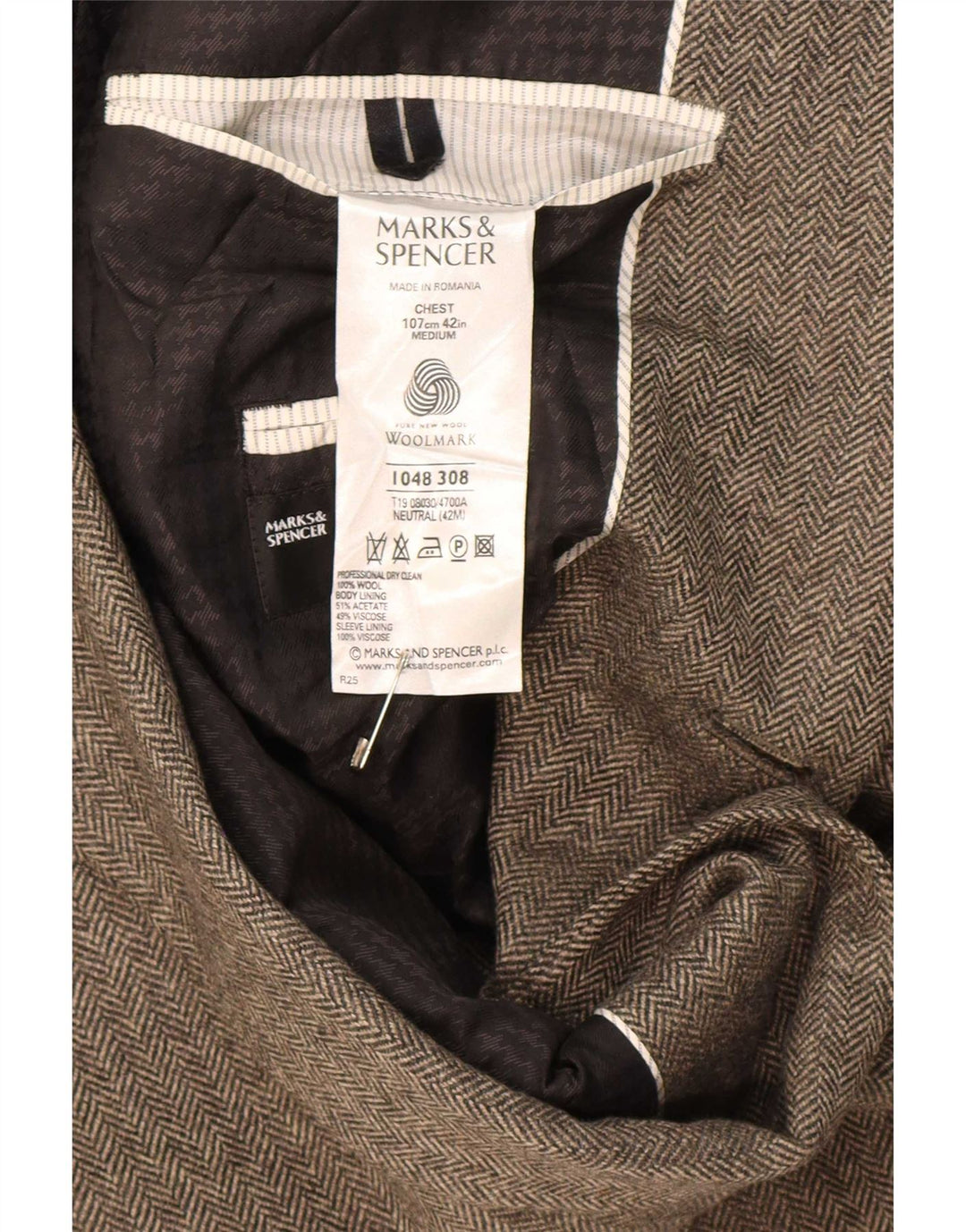 Jaqueta blazer masculina de 2 botões Marks & Spencer UK 42 grande espinha de peixe bege