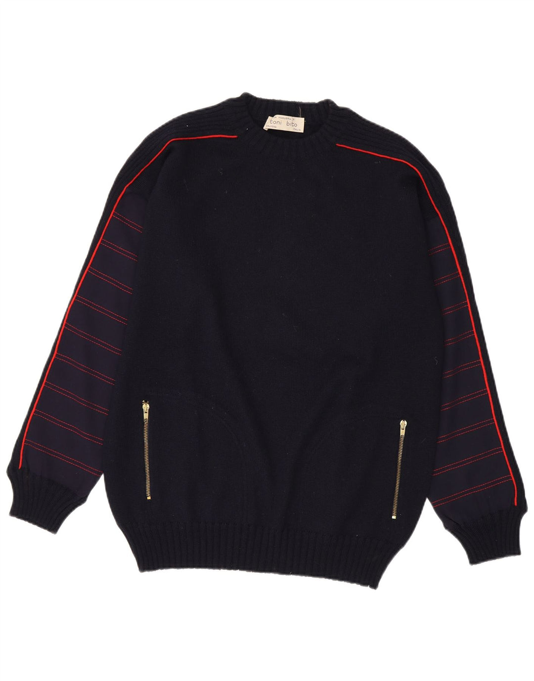 Suéter vintage masculino com gola redonda listrado médio azul marinho