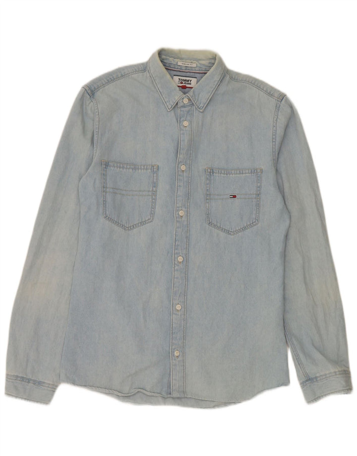 Camisa jeans masculina Tommy Hilfiger Regular Fit algodão azul médio