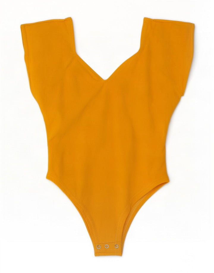 Body feminino vintage sem mangas UK 12 algodão amarelo médio