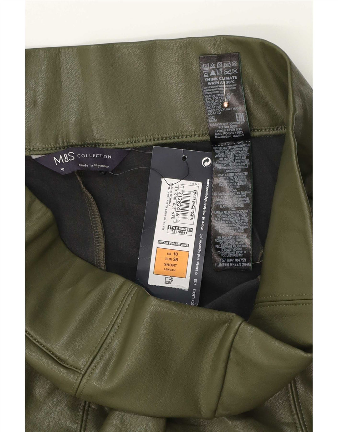 Leggings femininas de couro sintético Marks & Spencer Reino Unido 10 poliéster verde pequeno