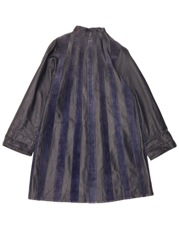 Casaco de couro feminino vintage Reino Unido 14 médio listrado azul marinho