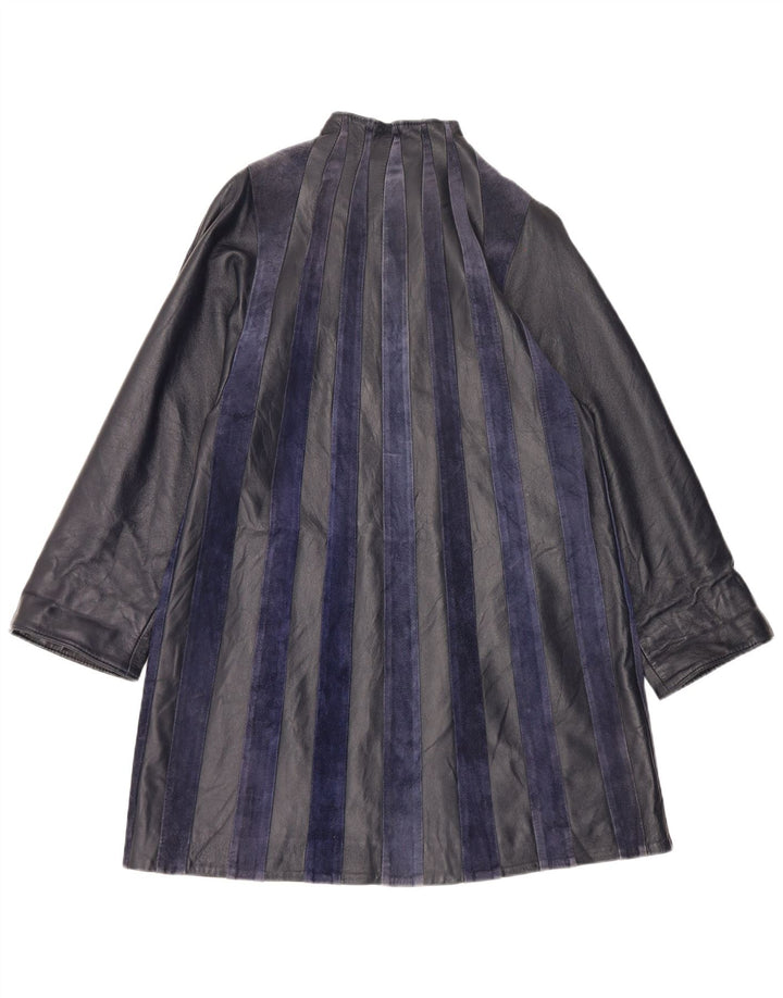 Casaco de couro feminino vintage Reino Unido 14 médio listrado azul marinho