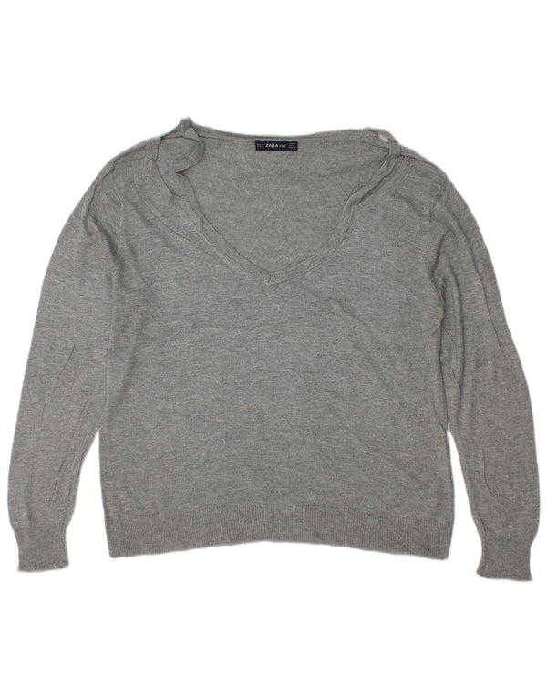 Zara Womens V-Neck Jumper Sweater UK 16 Large Grey Viscose
