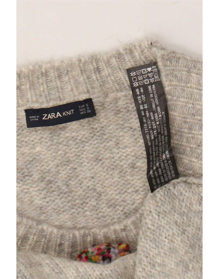 Zara Suéter feminino oversized com gola redonda Reino Unido 10 pequeno cinza manchado