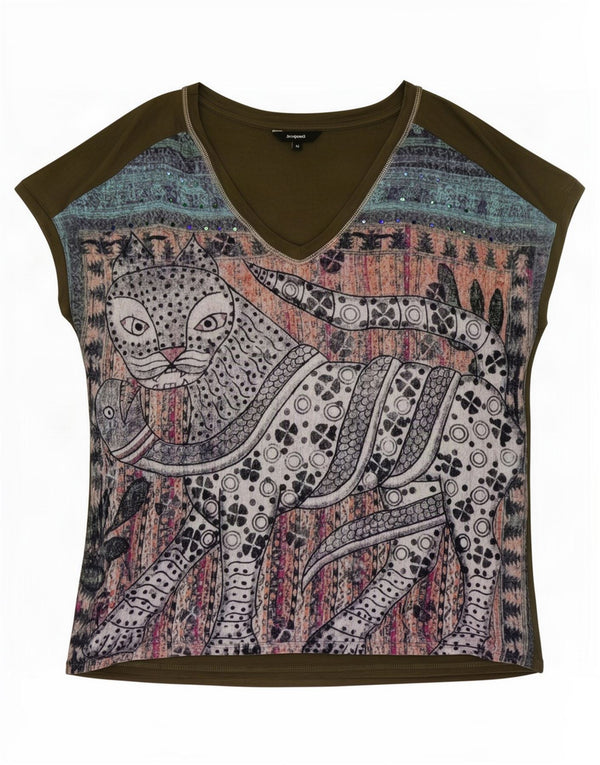 Camiseta feminina Desigual com estampa gráfica UK 14 gato verde médio