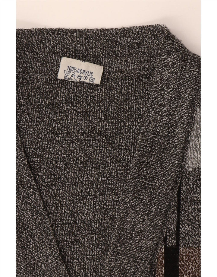 Suéter cardigã masculino vintage sem mangas acrílico geométrico cinza médio