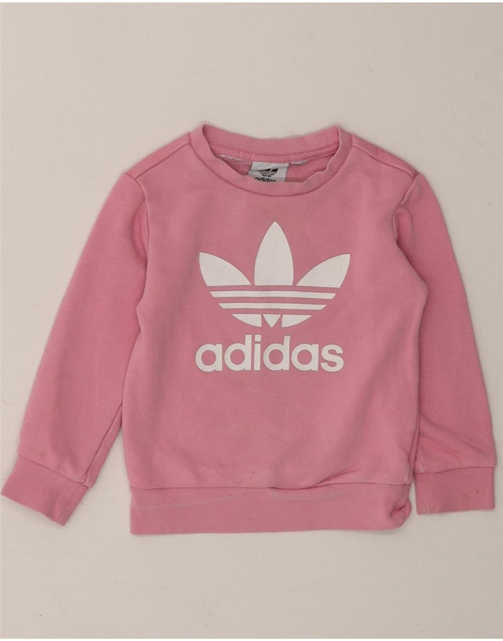 ADIDAS Girls Graphic Sweatshirt Jumper 2-3 Years Pink Vintage Adidas and Second-Hand Adidas from Messina Hembry 