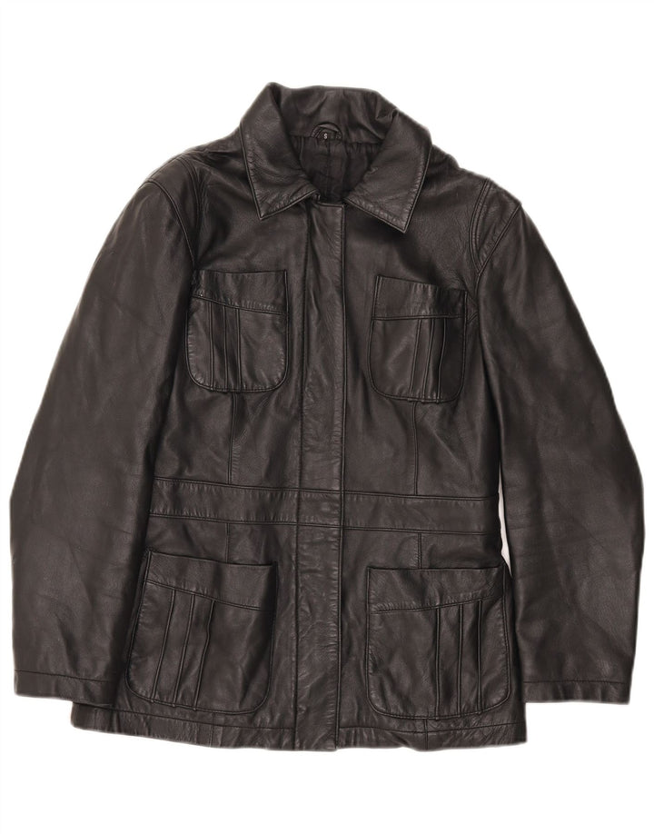 Jaqueta de couro feminina vintage UK 10 pequena preta