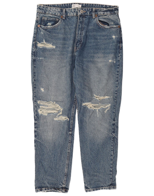 Zara Calça jeans feminina cintura alta desgastada EU 44 XL W34 L28 Azul