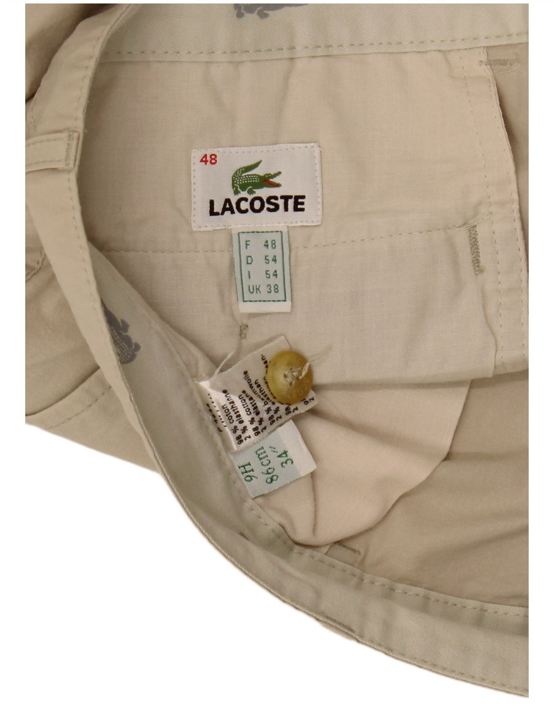 Calças Chino retas masculinas LACOSTE tamanho 48 XL W38 L31 algodão bege