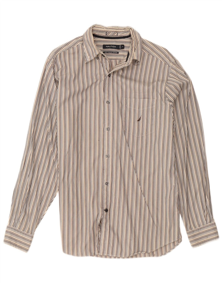Camisa masculina Nautica de algodão listrado cinza médio