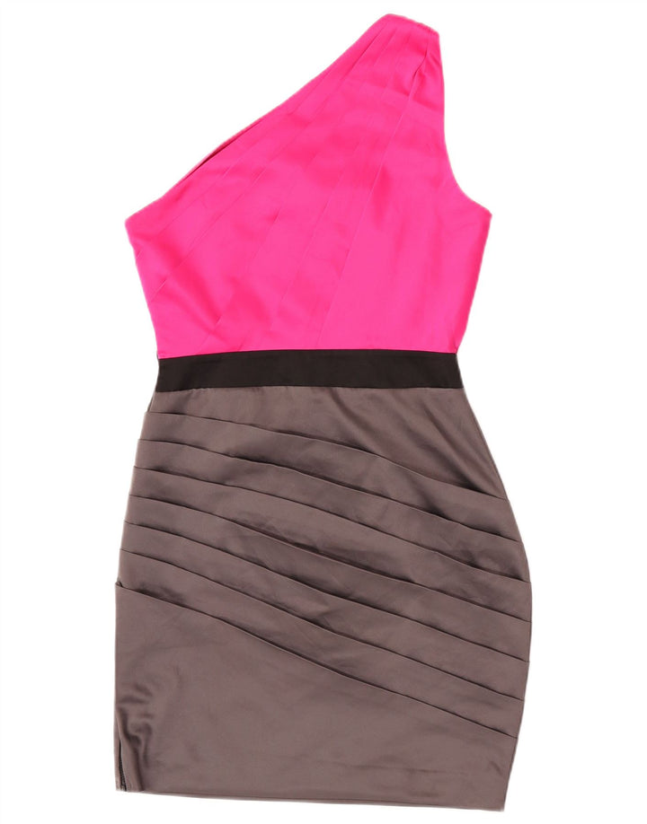 Vestido feminino Lipsy de um ombro UK 10 poliéster colorblock rosa pequeno