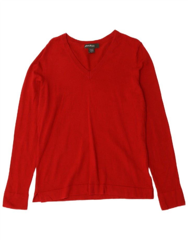 Suéter feminino EDDIE BAUER com decote em V Reino Unido 14 algodão vermelho médio